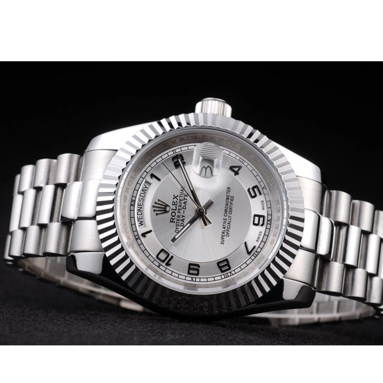 AAA replica watch Steel Dial Rolex Day-Date Polished White Stainless 0725